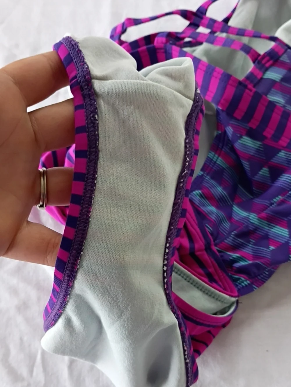 EUC Athleta Girl Purple/ Pink Patterned T-Back Cut Out One-Piece Swim Sz XL 14